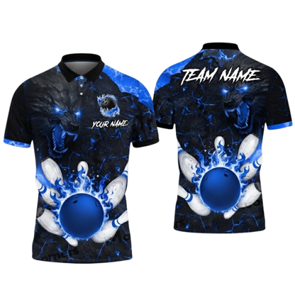Custom Wolf Flame Magma Bowling Mens Polo Shirt, Custom Wolf Bowling Shirt Team BZ0655