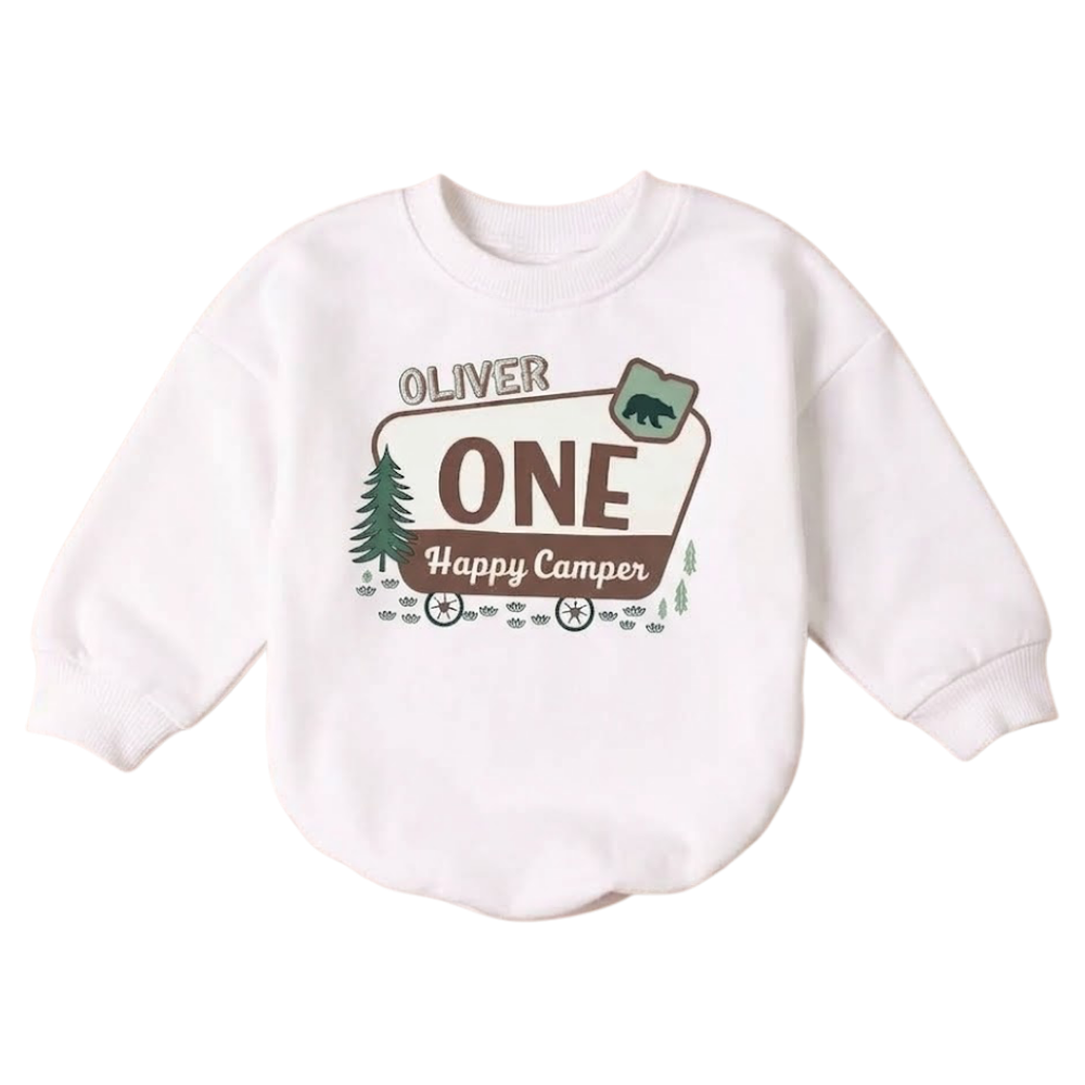 Cusom One Happy Camper Baby Romper Sweatshirt, Custom Camping First Birthday Romper Sweatshirt For Baby BB0521
