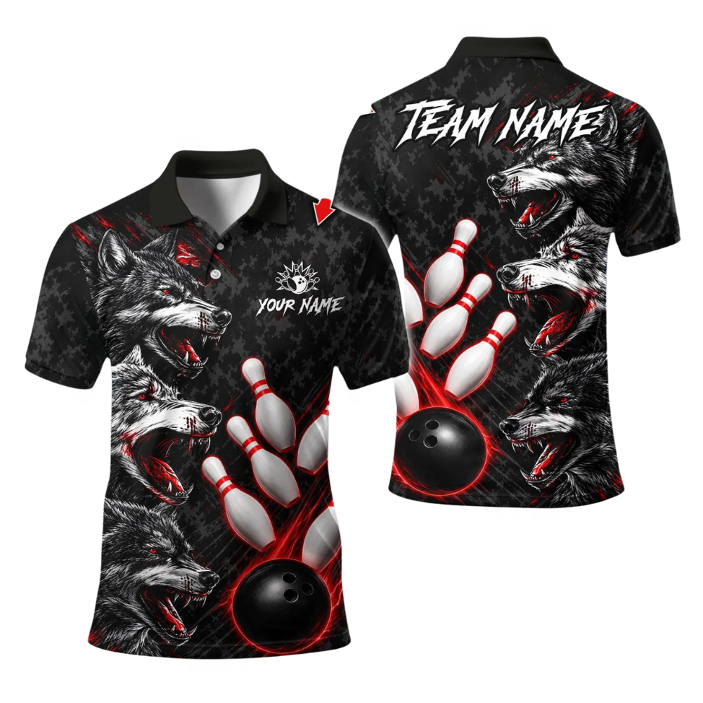 Custom Wolf Black Green Bowling Polo Shirts Mens, Custom Wolf Bowling Team Shirts BE0267