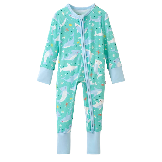 Shark Blue Baby Romper With Convertible Zipper, Shark Ocean Baby Romper Convertible BB0425