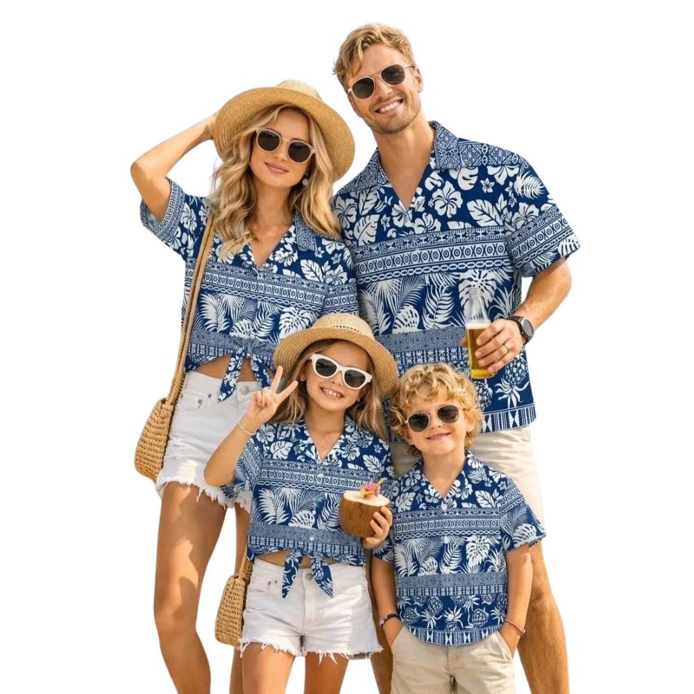 Tribal Tropical Blue And White Hawaiian Matching Shirts For Family, Family Tribal Matching Hawaiian Shirts ET0540