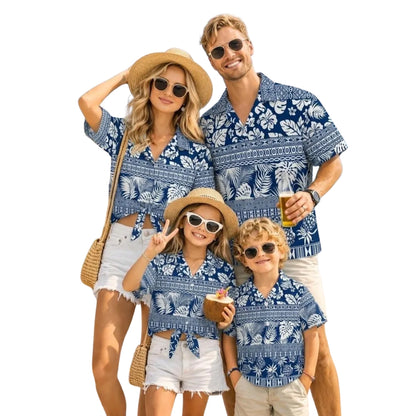 Tribal Tropical Blue And White Hawaiian Matching Shirts For Family, Family Tribal Matching Hawaiian Shirts ET0540