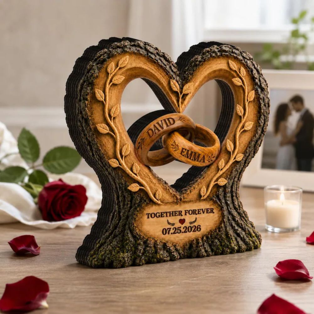 Custom Couple Rings Interlocking Wooden Plaque, Custom Wedding Anniversary Wooden Block WD0768