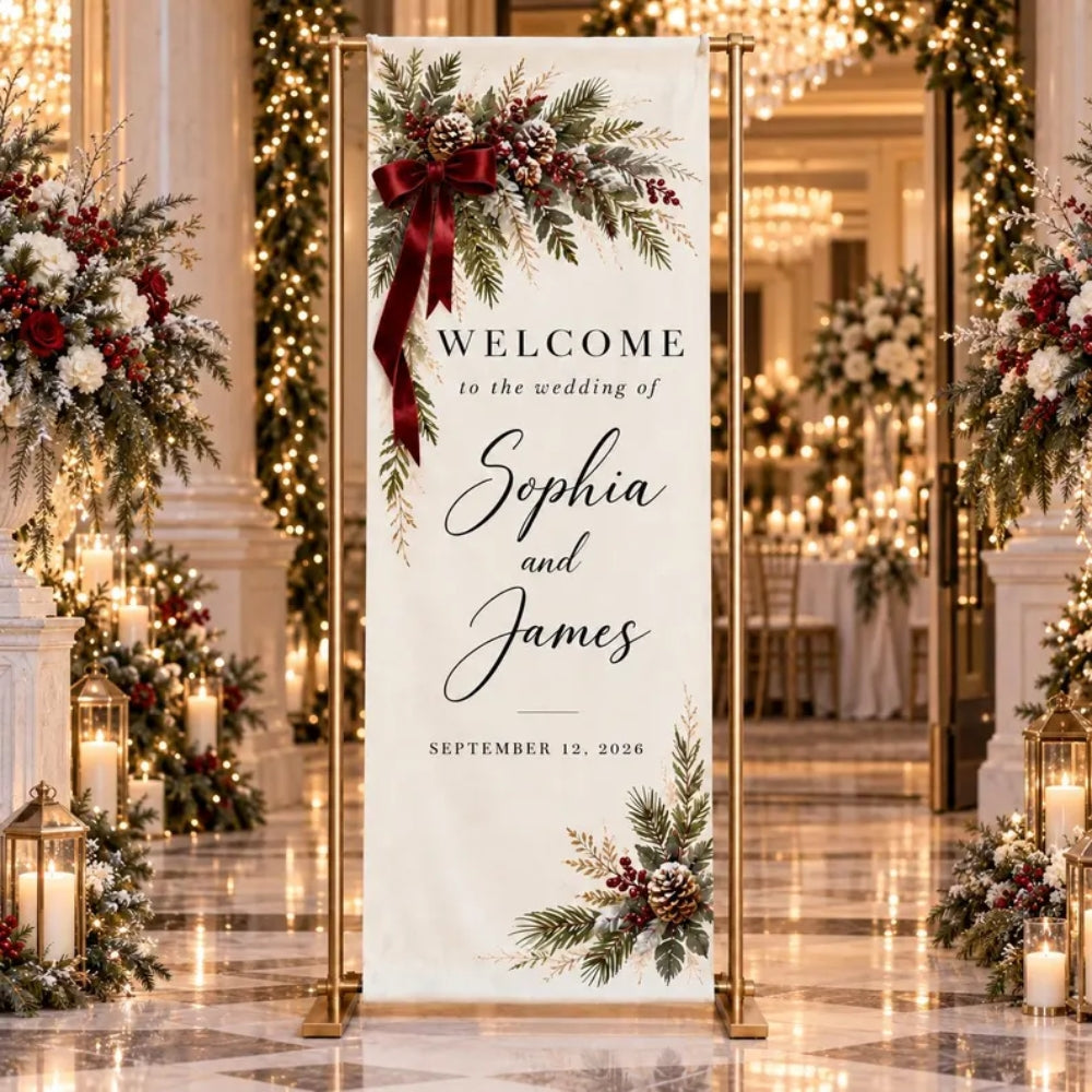 Custom Christmas Wedding Linen Welcome Banner, Custom Winter Wedding Welcome Sign WD0991