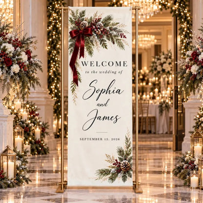 Custom Christmas Wedding Linen Welcome Banner, Custom Winter Wedding Welcome Sign WD0991
