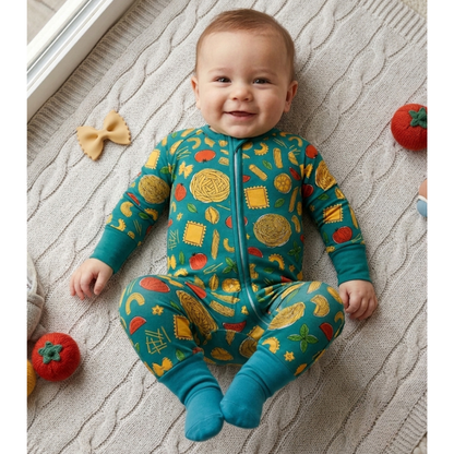 Pasta Lover Green Baby Romper Convertible Zipper, Italian Food Baby Convertible Romper BB0828