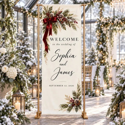 Custom Christmas Wedding Linen Welcome Banner, Custom Winter Wedding Welcome Sign WD0991