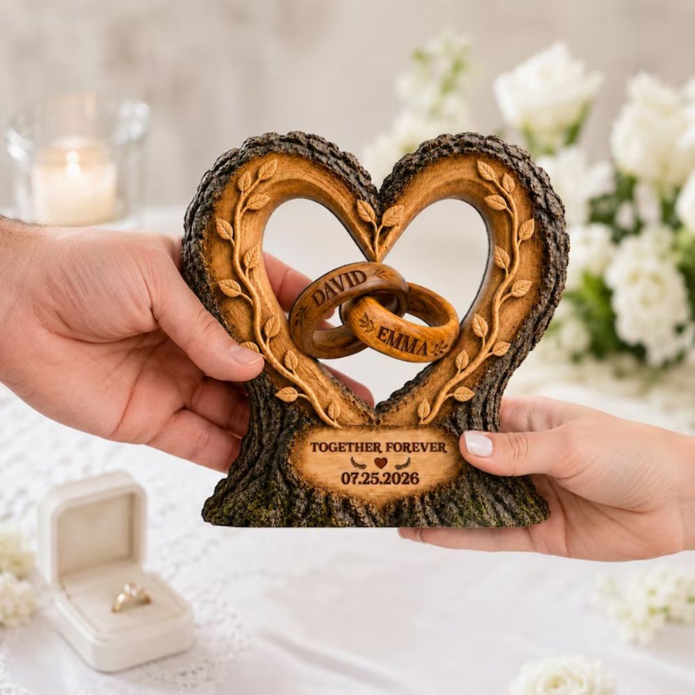 Custom Couple Rings Interlocking Wooden Plaque, Custom Wedding Anniversary Wooden Block WD0768
