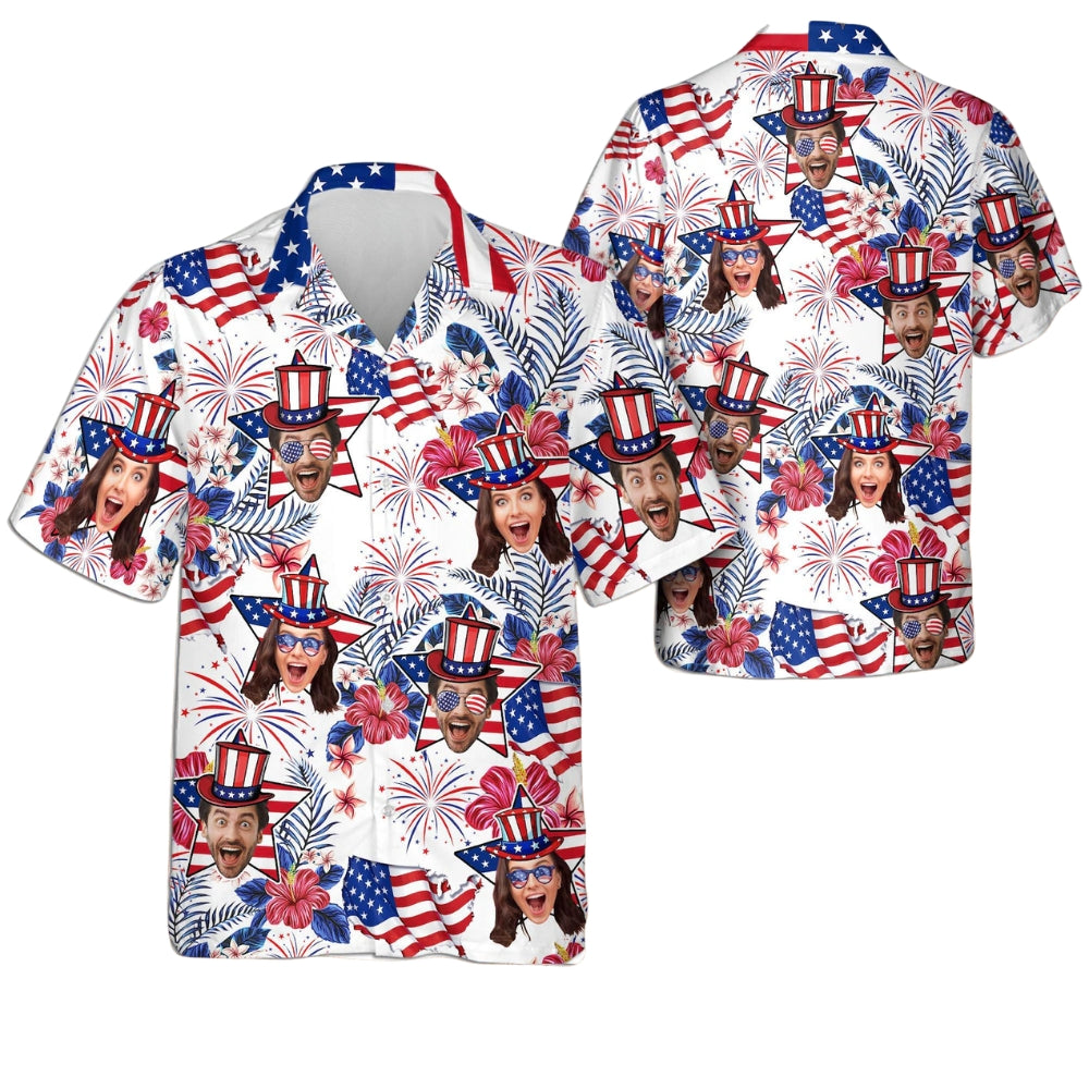 Custom Face Tropical USA Flag Hawaiian Shirt For Men Women, Custom Photo 4th Of July Hawaiian Shirts HE0074