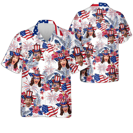 Custom Face Tropical USA Flag Hawaiian Shirt For Men Women, Custom Photo 4th Of July Hawaiian Shirts HE0074