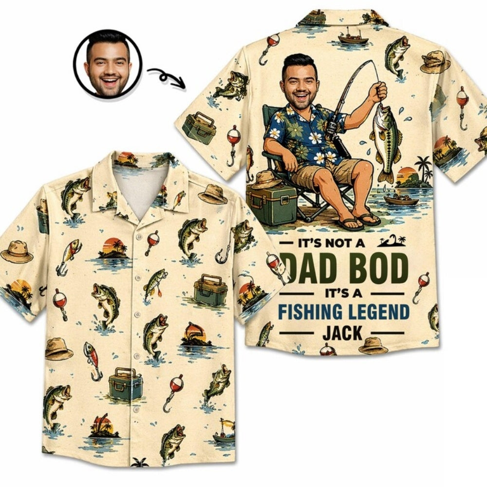 It's Not A Dad Bod It's A Fishing Legend Custom Photo Fishing Hawaiian Shirt For Dad, Custom Funny Fishing Hawaiian Shirts For Father Day HE0228