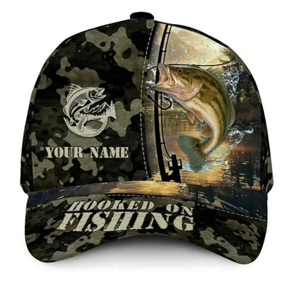 Hooked On Fishing Custom Bass Fishing Camo Baseball Cap, Custom Camo Caps For Fishing Lovers CP0251