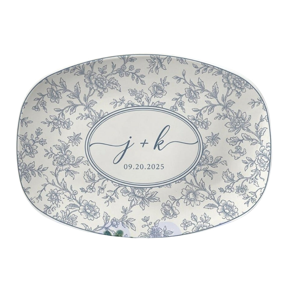 Personalized Couple Initials Name And Date Floral Plate Toile De Jouy, Custom Wedding Platter WD0283