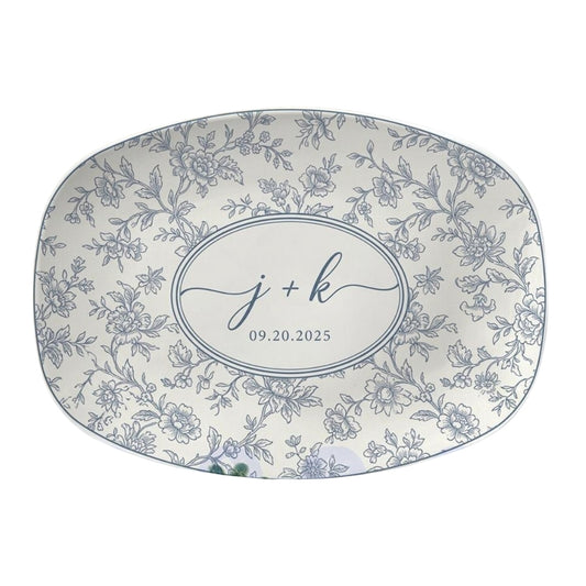 Personalized Couple Initials Name And Date Floral Plate Toile De Jouy, Custom Wedding Platter WD0283