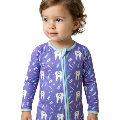 Brushing Teeth Purple Baby Romper Convetible Zipper, Teeth Baby Romper Convertible BB0892