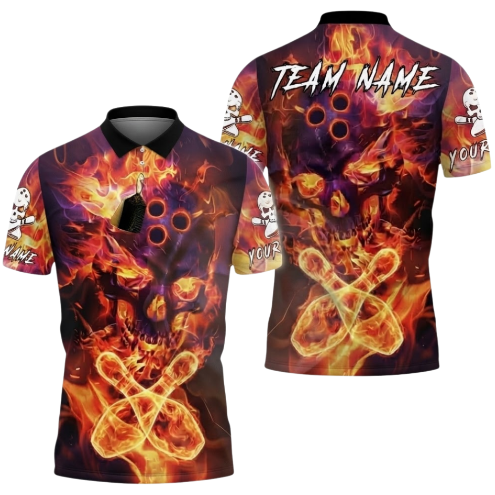 Skull Flaming Custom Mens Bowling Polo Shirt, Custom Skull Team Bowling Shirt BZ0990