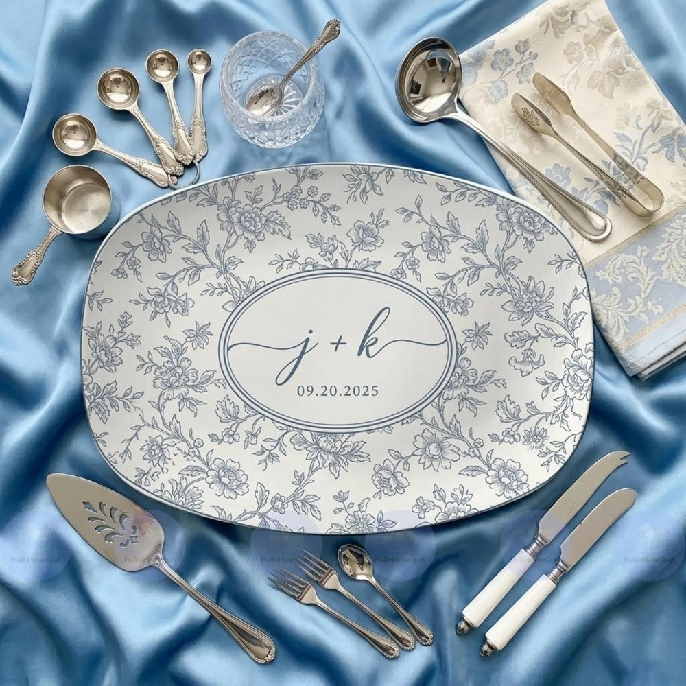 Personalized Couple Initials Name And Date Floral Plate Toile De Jouy, Custom Wedding Platter WD0283