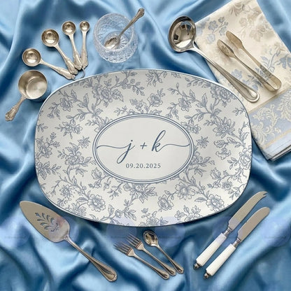 Personalized Couple Initials Name And Date Floral Plate Toile De Jouy, Custom Wedding Platter WD0283