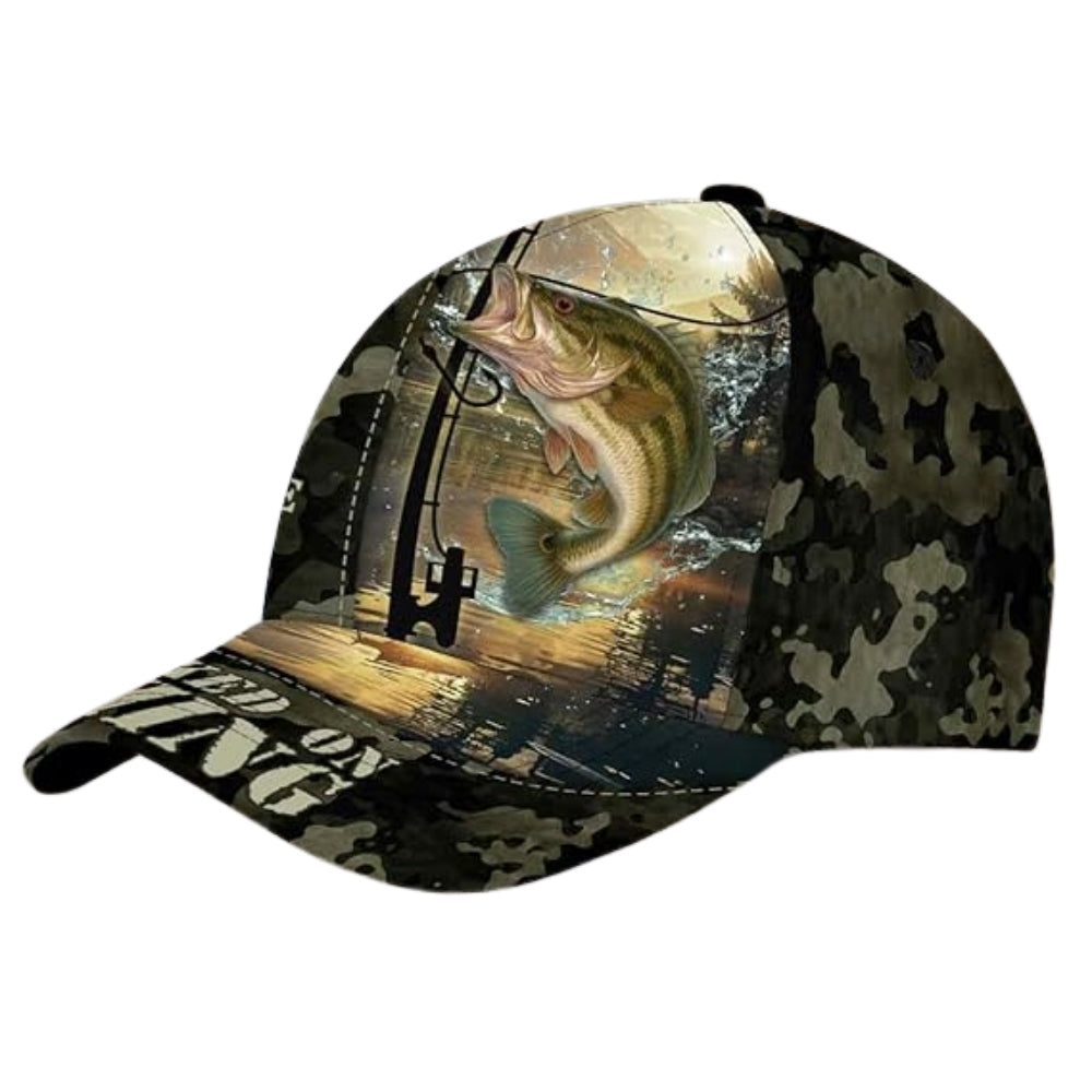 Hooked On Fishing Custom Bass Fishing Camo Baseball Cap, Custom Camo Caps For Fishing Lovers CP0251