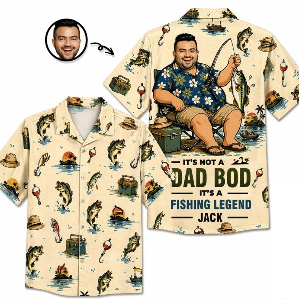 It's Not A Dad Bod It's A Fishing Legend Custom Photo Fishing Hawaiian Shirt For Dad, Custom Funny Fishing Hawaiian Shirts For Father Day HE0228