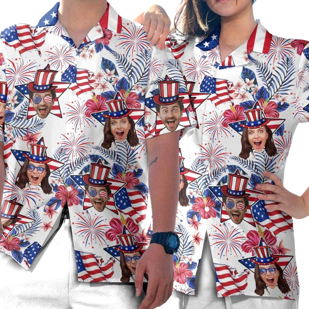 Custom Face Tropical USA Flag Hawaiian Shirt For Men Women, Custom Photo 4th Of July Hawaiian Shirts HE0074