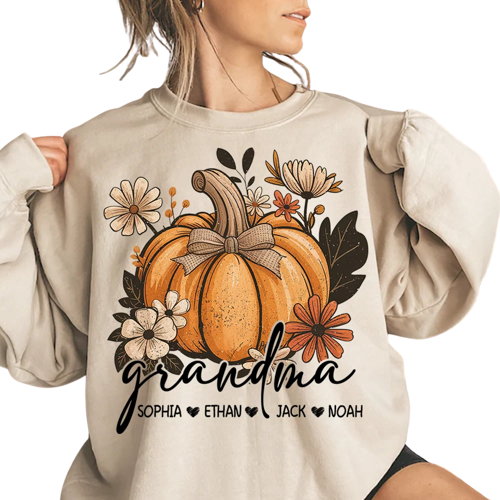 Pumpkin Floral Custom Grandma And Grandkid Names Sweatshirt, Custom Grandmother Sweatshirt For Thanksgiving 2D1017