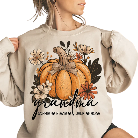 Pumpkin Floral Custom Grandma And Grandkid Names Sweatshirt, Custom Grandmother Sweatshirt For Thanksgiving 2D1017