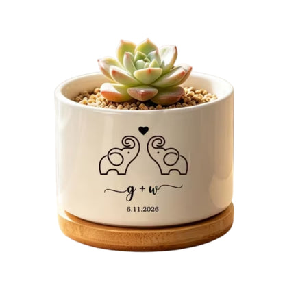 Custom Elephant Couple Initials Flower Pot, Custom Wedding Pot For Couple WD0334