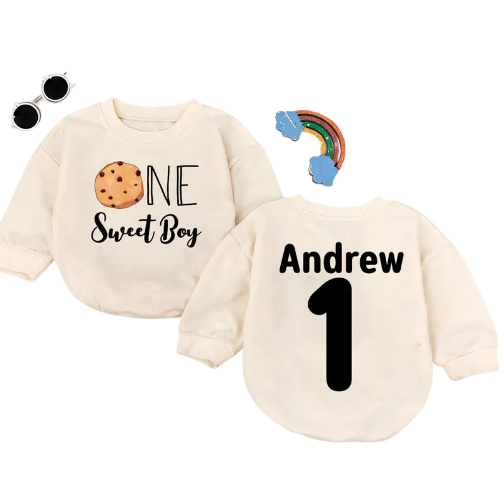 Custom One Sweat Boy Cookie Baby Romper Sweatshirt, Custom Cookies First Birthday Baby Romper Sweater BB0474