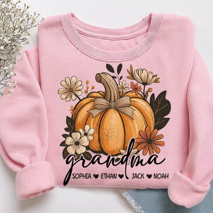 Pumpkin Floral Custom Grandma And Grandkid Names Sweatshirt, Custom Grandmother Sweatshirt For Thanksgiving 2D1017