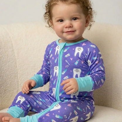 Brushing Teeth Purple Baby Romper Convetible Zipper, Teeth Baby Romper Convertible BB0892