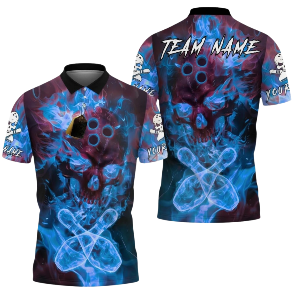Skull Flaming Custom Mens Bowling Polo Shirt, Custom Skull Team Bowling Shirt BZ0990