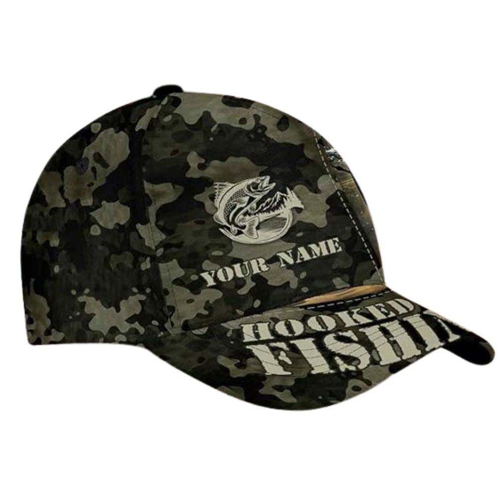 Hooked On Fishing Custom Bass Fishing Camo Baseball Cap, Custom Camo Caps For Fishing Lovers CP0251