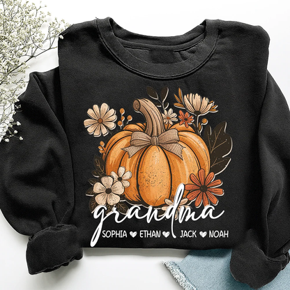 Pumpkin Floral Custom Grandma And Grandkid Names Sweatshirt, Custom Grandmother Sweatshirt For Thanksgiving 2D1017