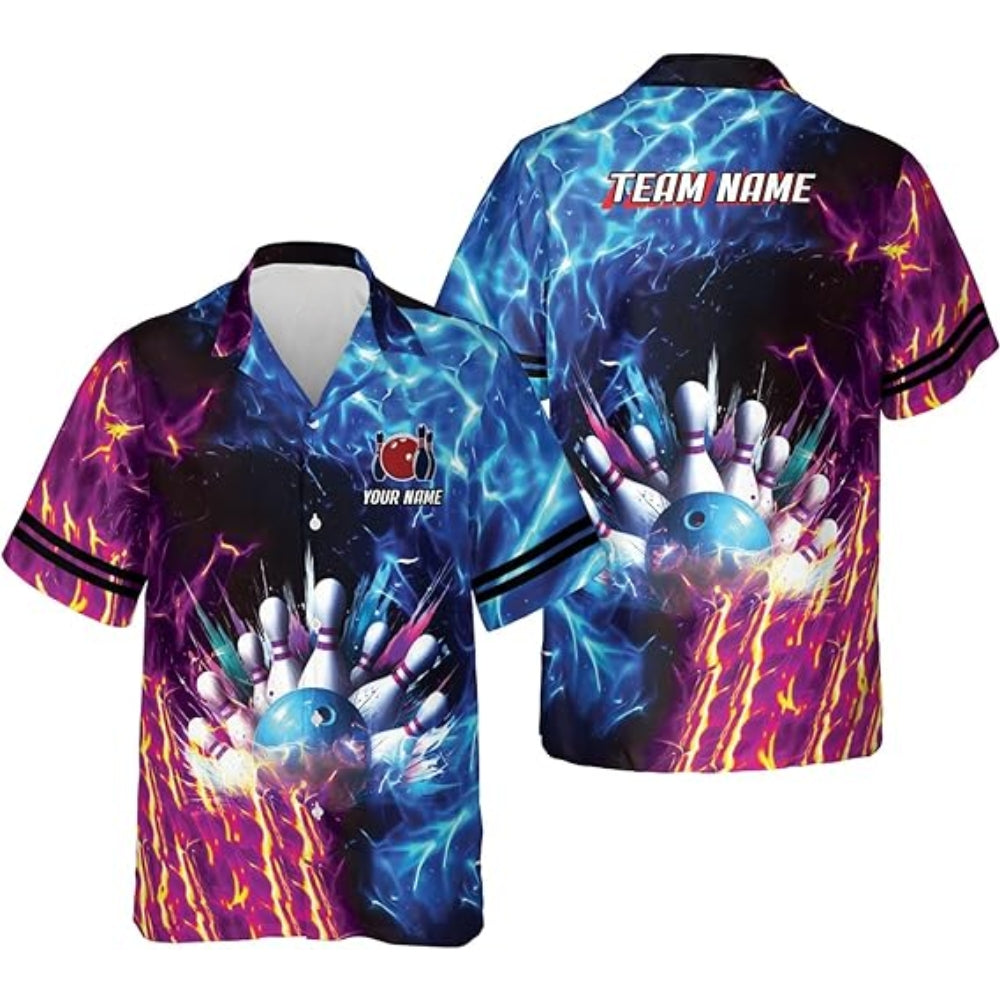 Custom Blue and Purple Flame Bowling Hawaiian Shirts, Custom Flame Bowling Team Shirts BZ0358