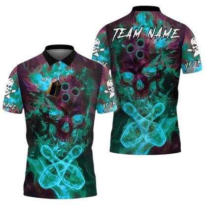 Skull Flaming Custom Mens Bowling Polo Shirt, Custom Skull Team Bowling Shirt BZ0990