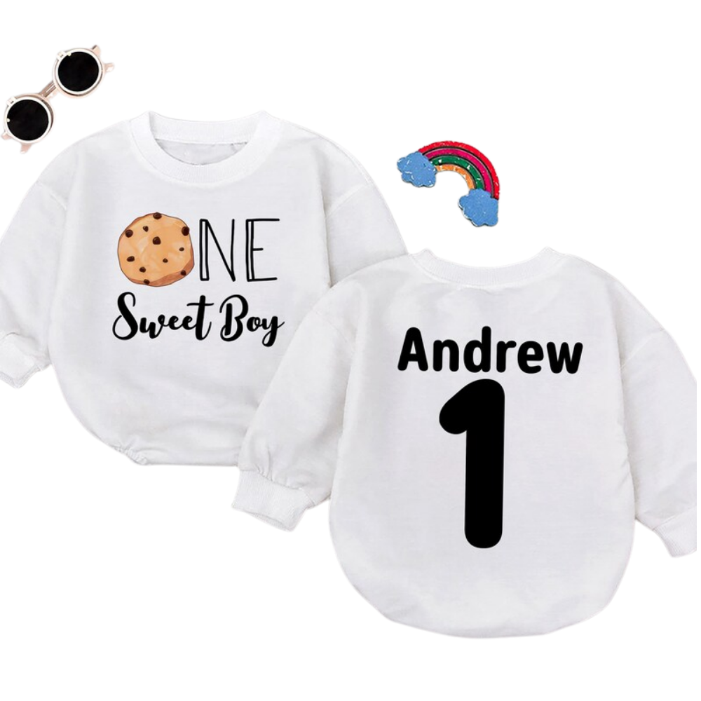 Custom One Sweat Boy Cookie Baby Romper Sweatshirt, Custom Cookies First Birthday Baby Romper Sweater BB0474