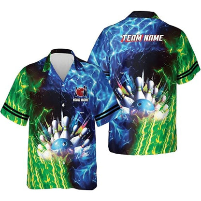 Custom Blue and Purple Flame Bowling Hawaiian Shirts, Custom Flame Bowling Team Shirts BZ0358