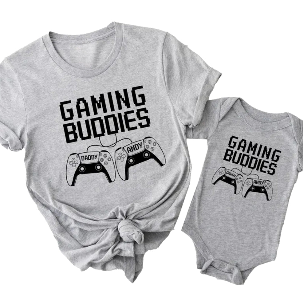 Game Buddies Personalized Daddy And Baby Name Matching T Shirt, Custom Gaming Matching Dad And Me Shirts For Father Day ET0981