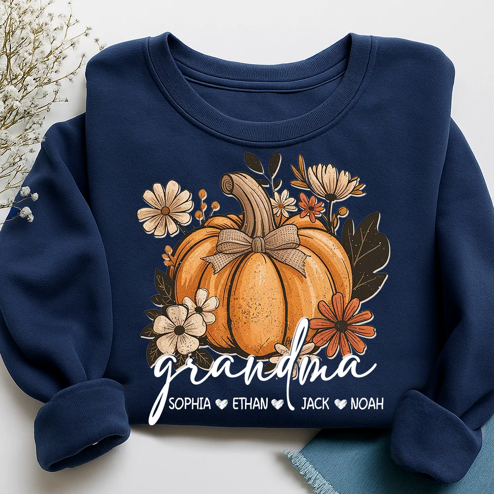 Pumpkin Floral Custom Grandma And Grandkid Names Sweatshirt, Custom Grandmother Sweatshirt For Thanksgiving 2D1017