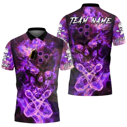 Skull Flaming Custom Mens Bowling Polo Shirt, Custom Skull Team Bowling Shirt BZ0990