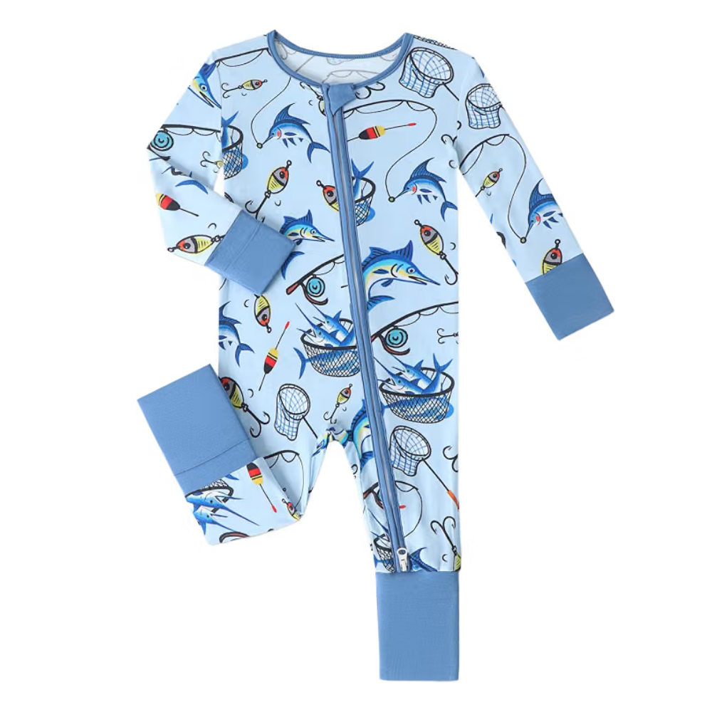Blue Fishing Baby Romper Convertible Zipper, Fishing Baby Romper Convertible BB0607
