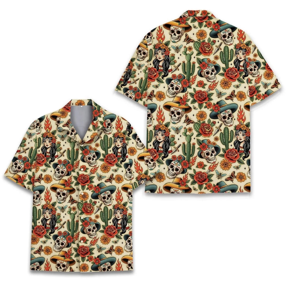 Sugar Skull With Cactus Hawaiian Shirts For Men, Skull Hawaiian Shirts HE0076