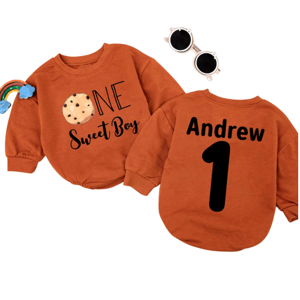 Custom One Sweat Boy Cookie Baby Romper Sweatshirt, Custom Cookies First Birthday Baby Romper Sweater BB0474
