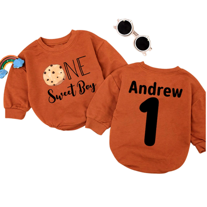 Custom One Sweat Boy Cookie Baby Romper Sweatshirt, Custom Cookies First Birthday Baby Romper Sweater BB0474