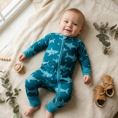Blue Shark Baby Convertible Zipper Romper, Shark Baby Romper Convertible BB0830