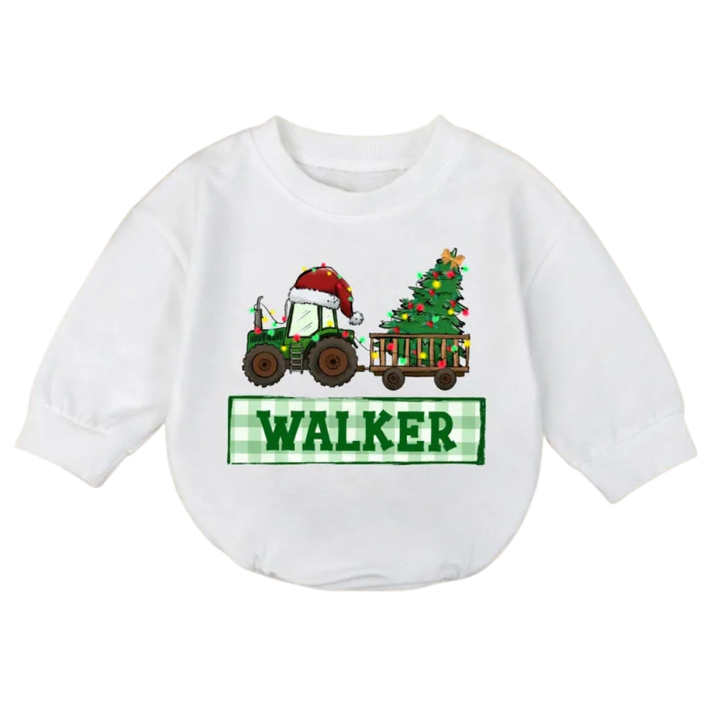 Tractor Christmas Custom Name Baby Romper Sweatshirt, Custom Xmas Romper Sweatshirt Baby BB0939