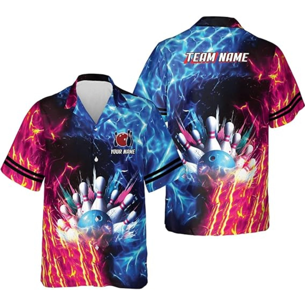 Custom Blue and Purple Flame Bowling Hawaiian Shirts, Custom Flame Bowling Team Shirts BZ0358