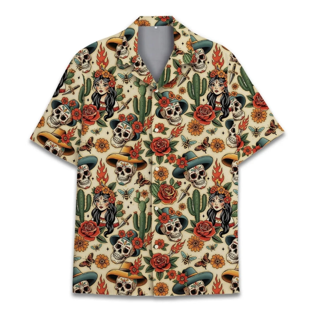 Sugar Skull With Cactus Hawaiian Shirts For Men, Skull Hawaiian Shirts HE0076