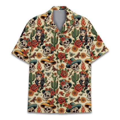 Sugar Skull With Cactus Hawaiian Shirts For Men, Skull Hawaiian Shirts HE0076